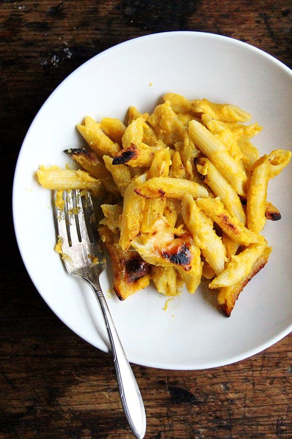 A bowl of butternut squash-sage baked penne.