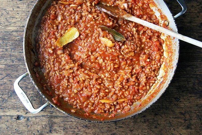 Overhead shot of finished farro risotto.