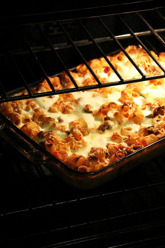 Just-baked baked ziti in the oven. 