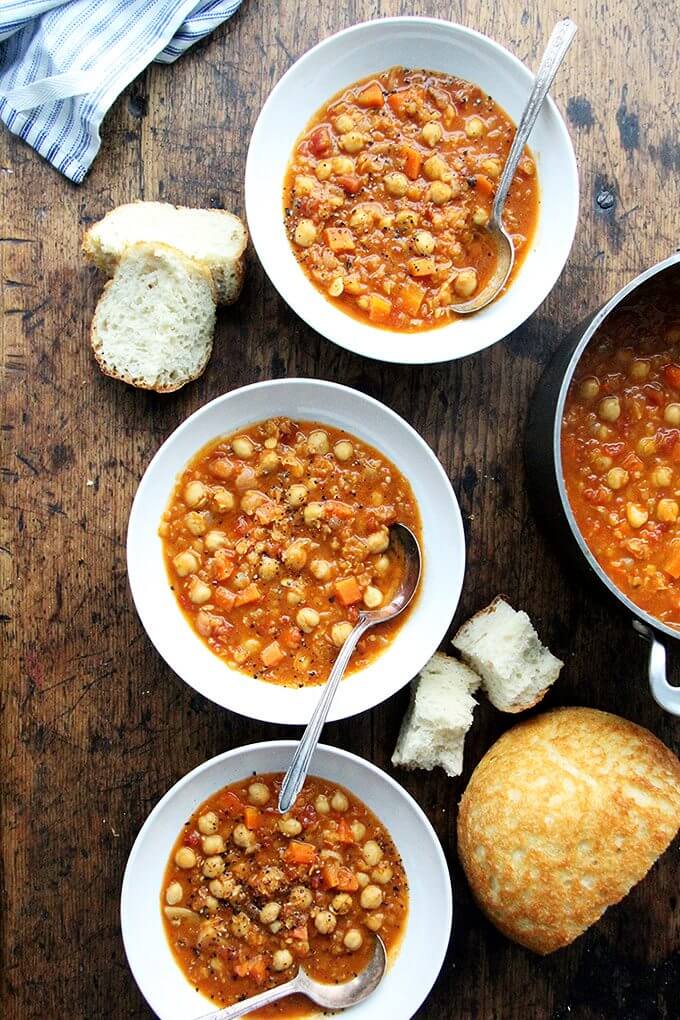 This curried chickpea and lentil soup is a recipe that can be adapted to taste and to what you have in your pantry. I've added chickpeas, omitted the greens, used vinegar in place of the lemon juice, and it always turns out well. Most important, it comes together alarmingly quickly but has a simmered-all-day-kind-of taste. // alexandracooks.com