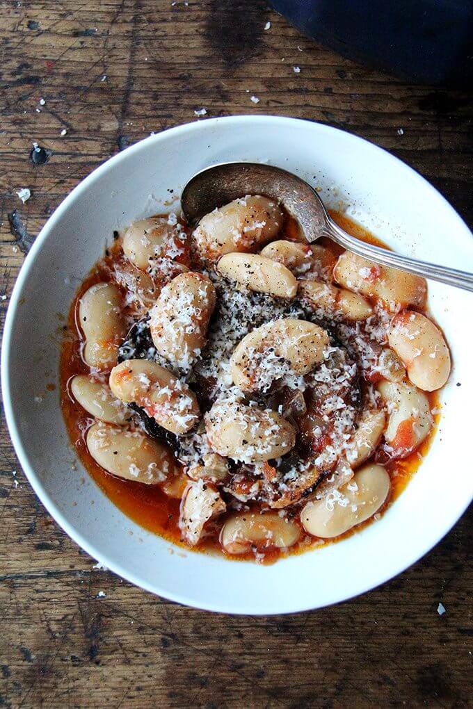 A bowl of slow cooker large white beans (gigante beans).