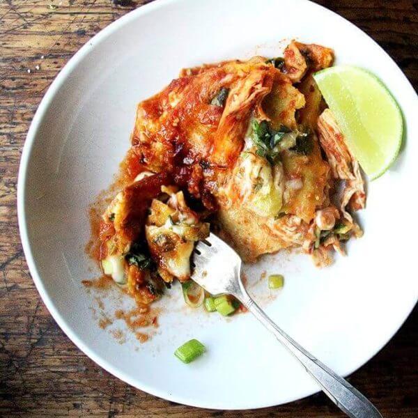 A bowl of no-fuss, chicken enchilada casserole.