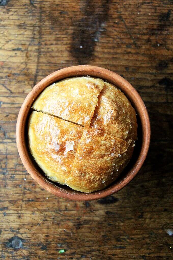 Bread baked in a flowerpot. Brushed with butter, sprinkled with sea salt, does anything say, "I love you Mom!" more than this flower pot bread? // alexandracooks.com