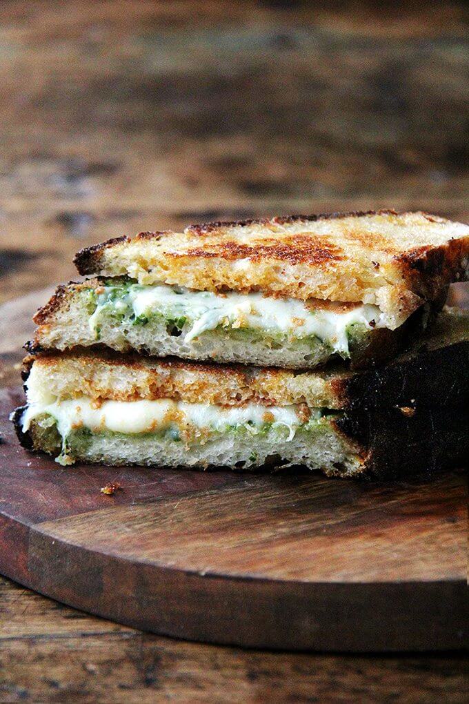 This ‘nduja grilled cheese includes Wisconsin fontina, a great melting cheese, and basil pesto, to offer a fresh counterpoint to the richness of the pâte-like spread. In keeping with the Italian theme, I sandwiched the three ingredients between thick slices of ciabatta, whose porous crumb so nicely absorbed the flavors of the spicy ‘nduja and sweet, earthy fontina. Yum. // alexandracooks.com