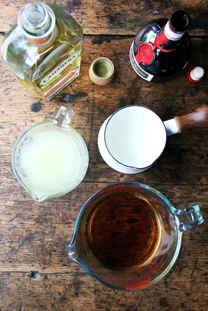 Overhead shot of margarita ingredients. 