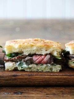 In these skirt steak sandwiches, skirt steak, which cooks to medium-rare in just about 5 minutes, is layered with arugula between slices of focaccia smeared with herbed mayonnaise. The key, as with all meats, is to let the steak rest for at least 10 minutes before slicing, and with skirt steak, to slice it thinly against the grain. // alexandracooks.com