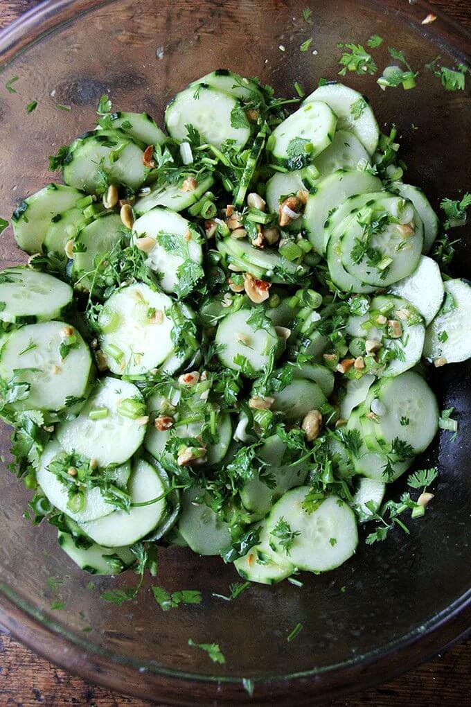 A large bowl of Vietnamese cucumber salad all tossed together.