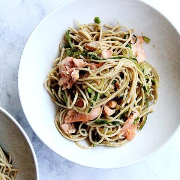 Grilled cedar-planked salmon with soba noodles.