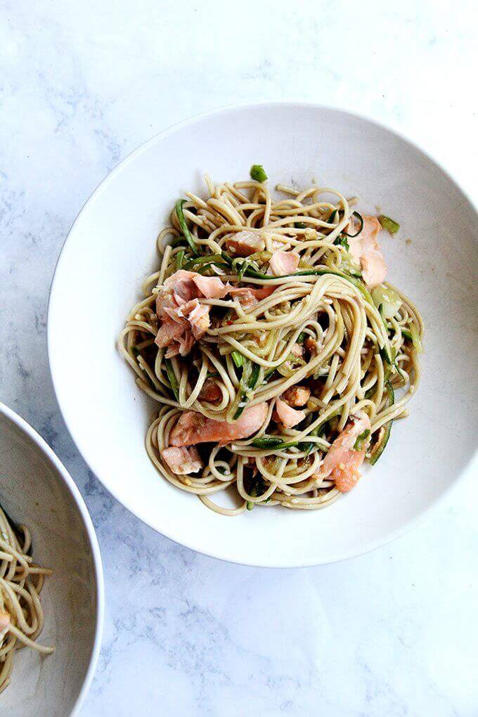 Grilled cedar-planked salmon with soba noodles.