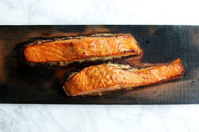 Cedar-planked salmon, just grilled.