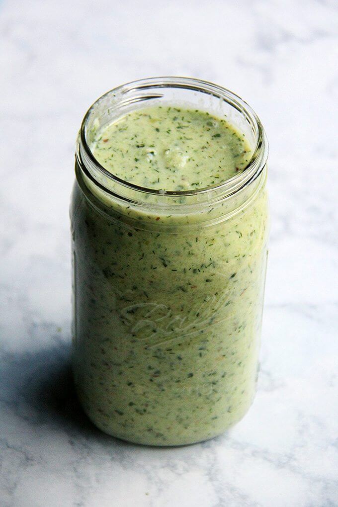 A jar of cucumber and green grape gazpacho.