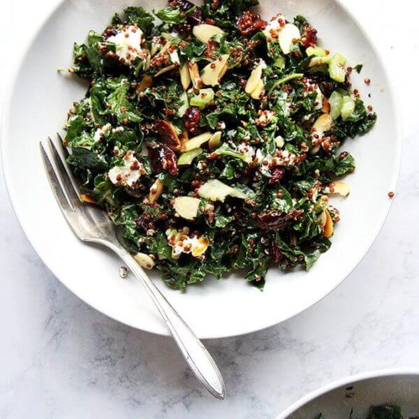 This kale and quinoa salad has a lemony-mustard dressing, dried cranberries that plump with the cooked quinoa, crisp celery, toasted almonds, and goat cheese. It comes together in a snap and has been a welcomed addition to the summer salad rotation. It also keeps well in the fridge for days, making it perfect for lunch-on-the-go or a picnic at the beach. I find it irresistible, and while it's a great side salad, it's nearly a meal in itself. // alexandracooks.com