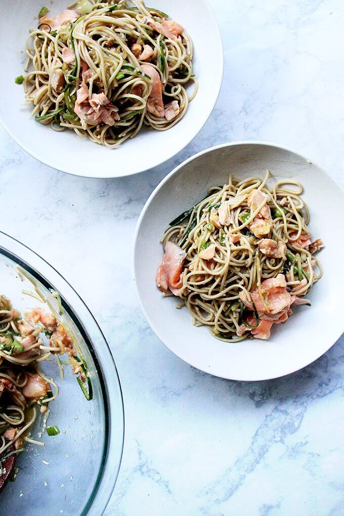 Bowls of ginger-sesame soba with salmon.