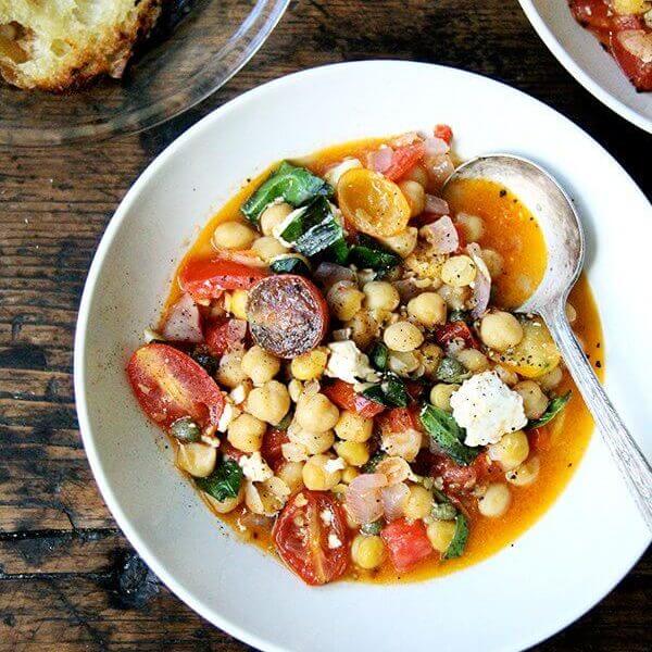 stewy chickpeas with tomatoes and feta.