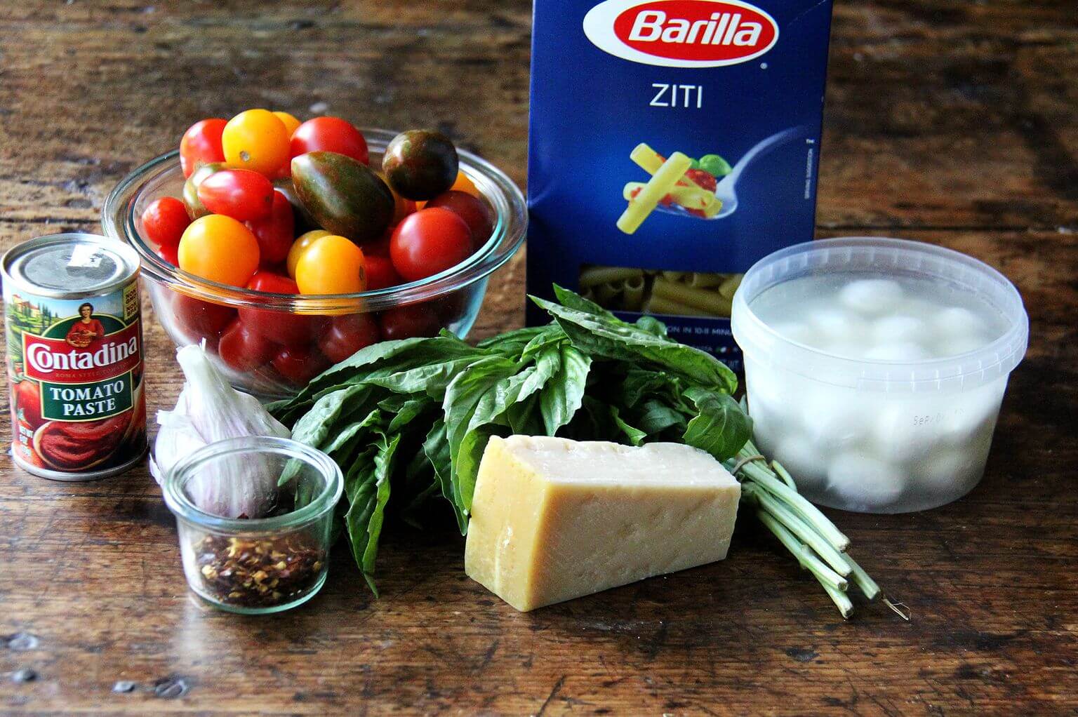 Ingredients for one-pot baked ziti.