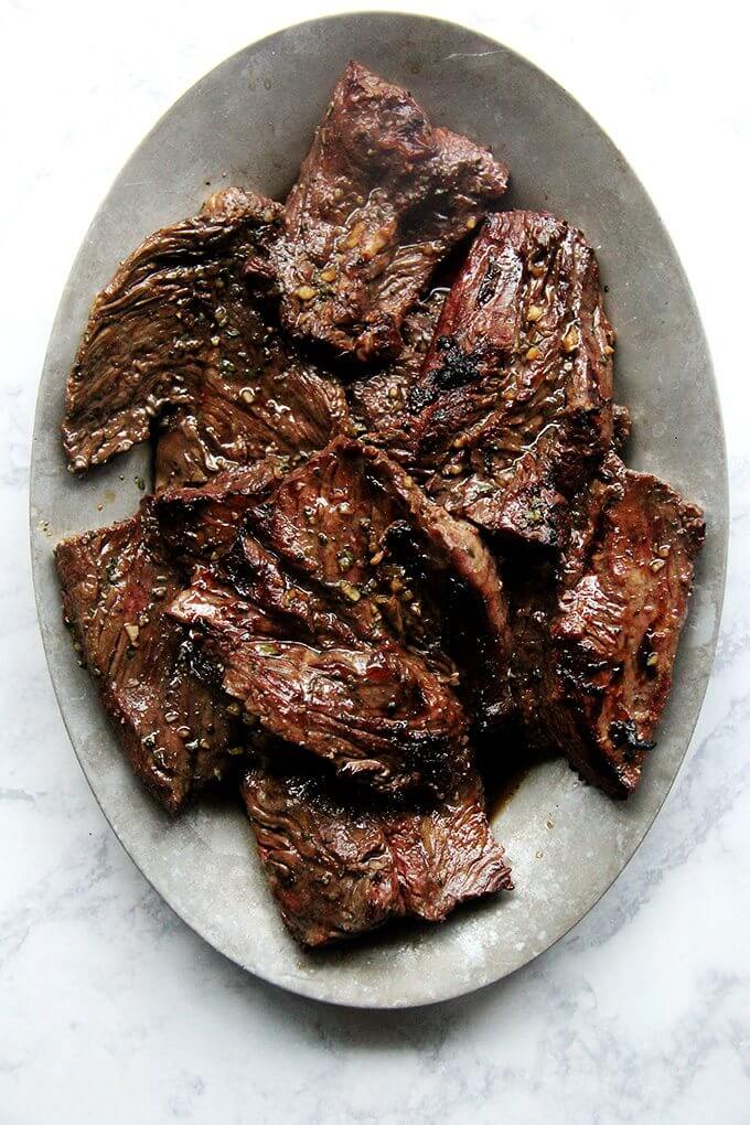 A platter of grilled hanger steak.