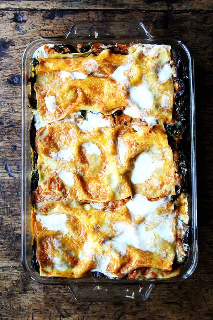 A 9x13-inch pan filled with homemade vegetable lasagna. 