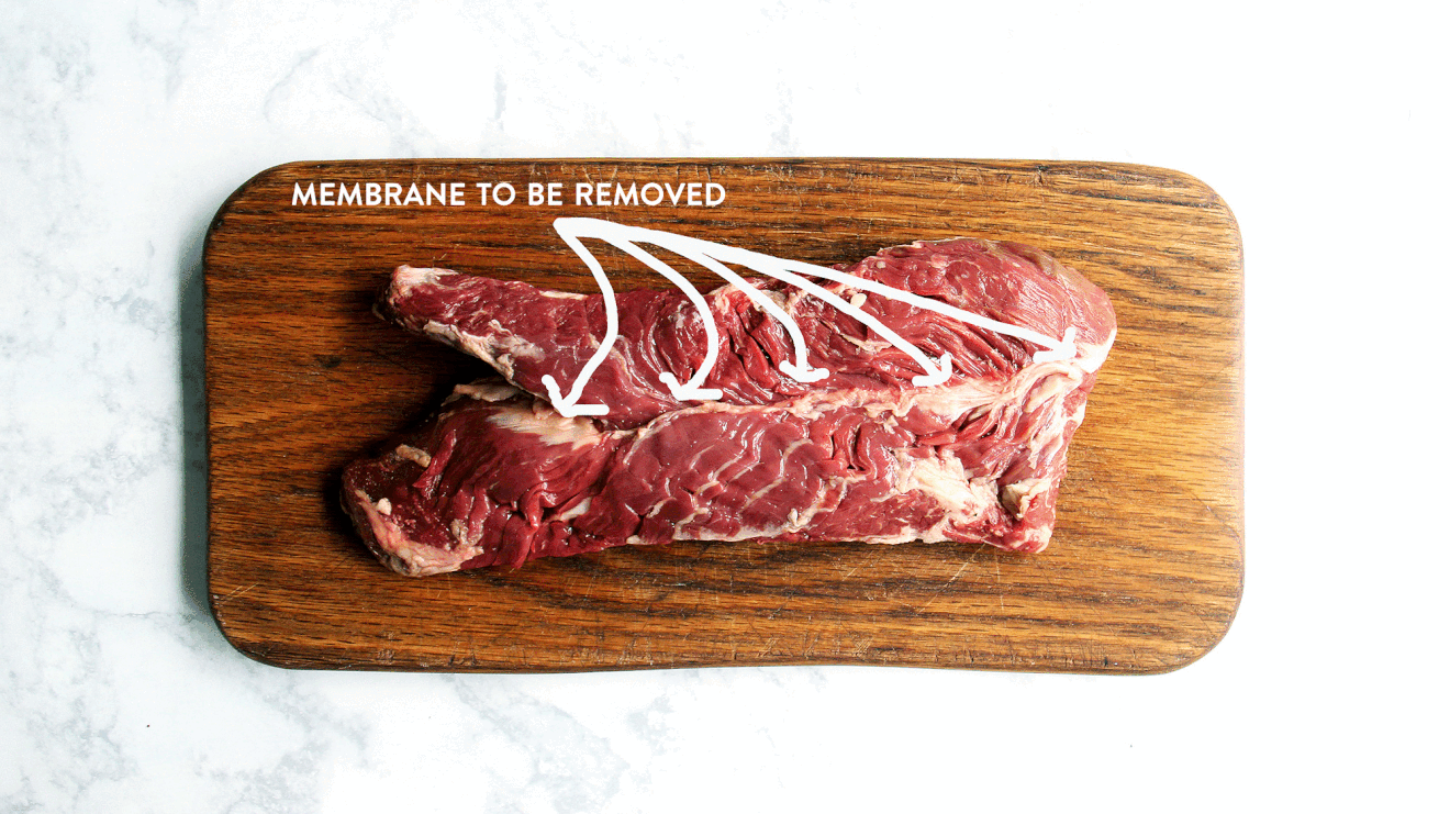 A raw hanger steak with the membrane still intact. 