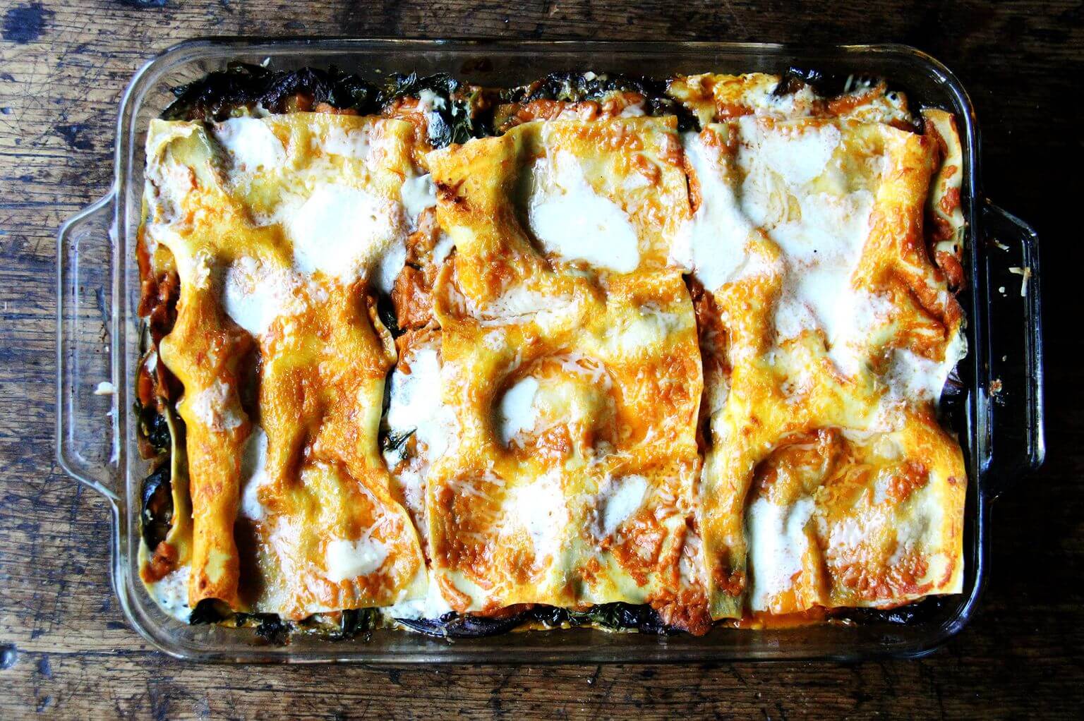 Just-baked roasted eggplant lasagna.