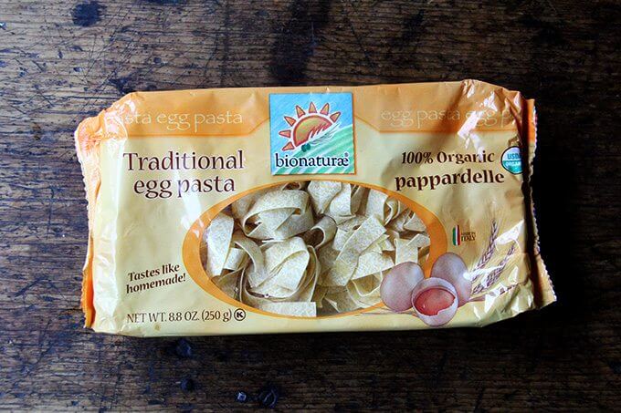 A package of pappardelle pasta. 