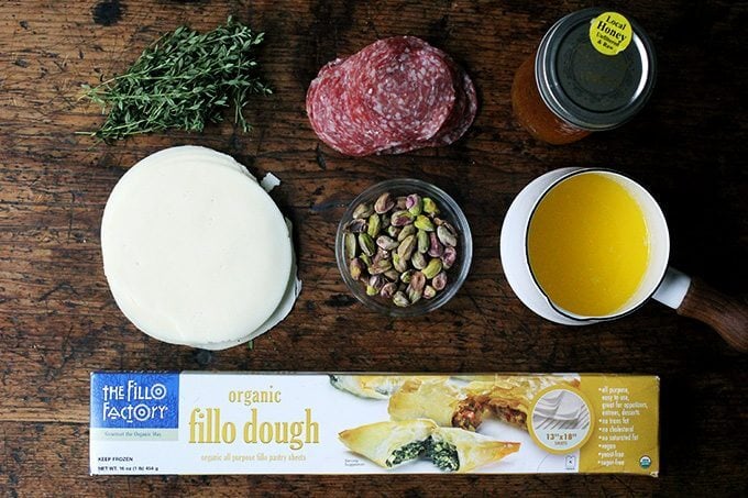 Ingredients to make salami and provolone phyllo rolls.