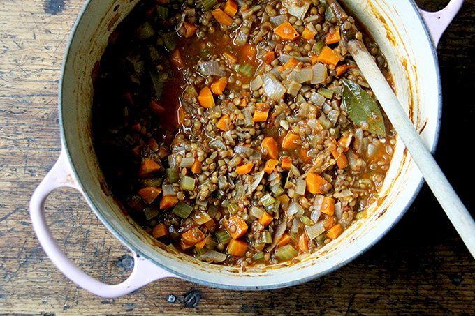 A pot of one-bowl vegan lentil soup.