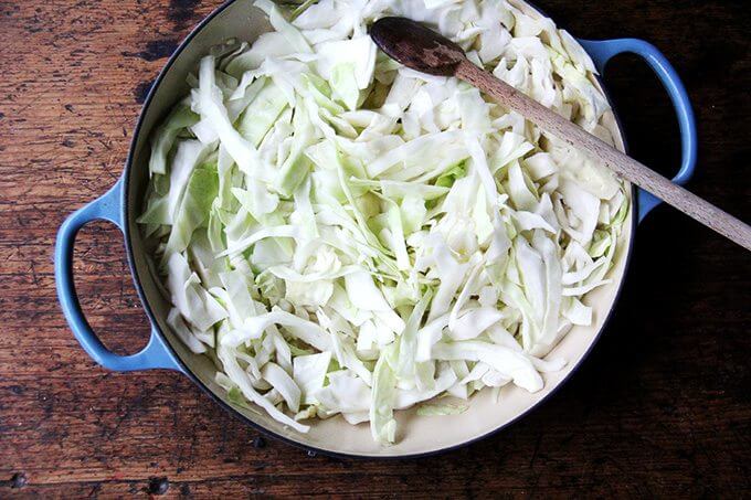 A braiser filled with cabbage.