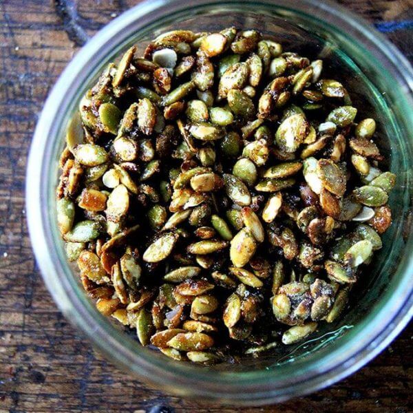 A jar of candied pumpkin seeds.