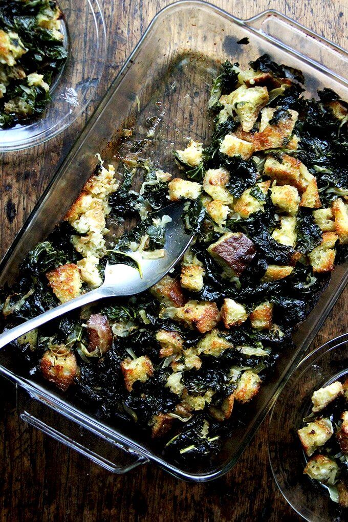 An overhead shot of a 9x13-inch pan filled with just-baked stuffing. 