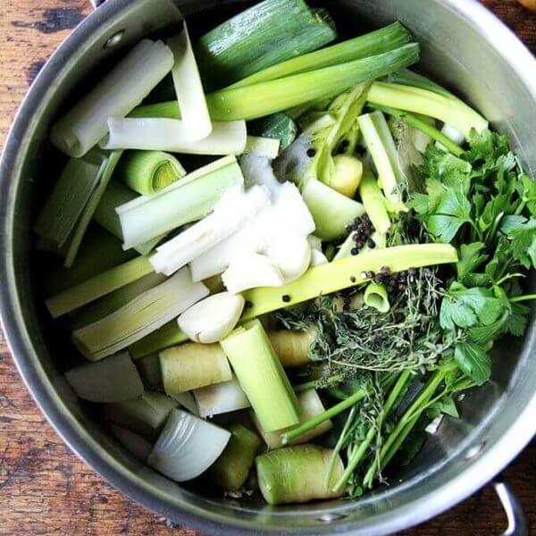 A pot of homemade vegetable stock.