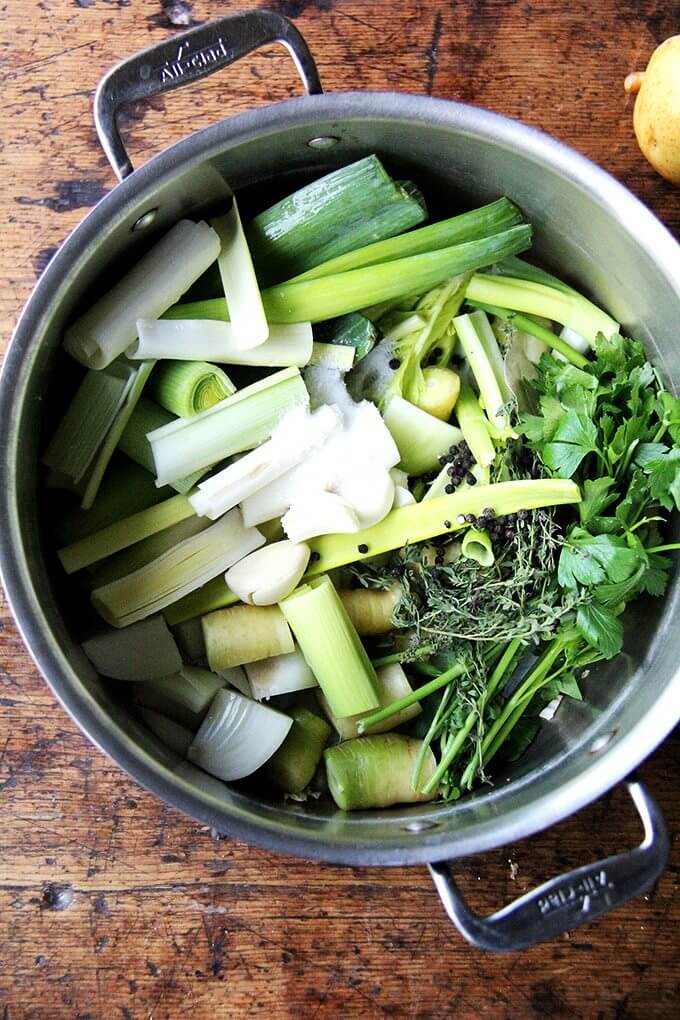 A pot of vegetables ready to be simmered into vegetable stock. 