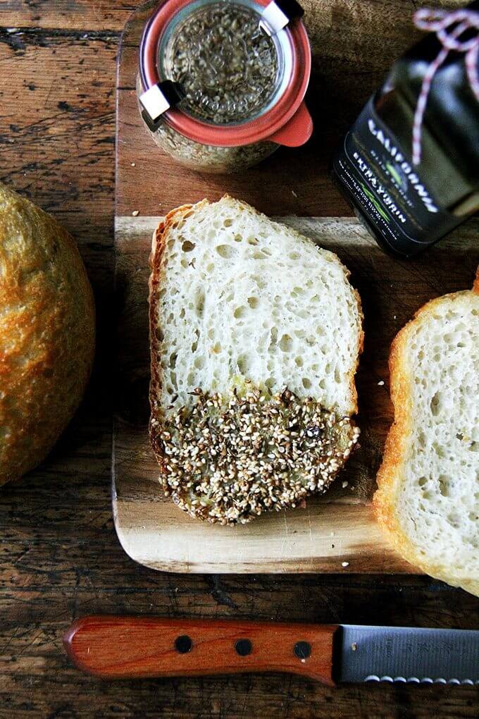 homemade bread with homemade dukkah and good extra virgin California Olive Ranch olive oil