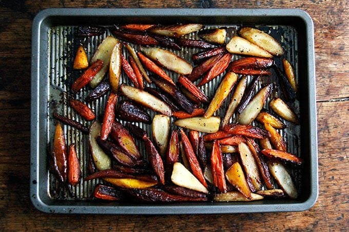 Twice-roasted carrots on a sheet pan.