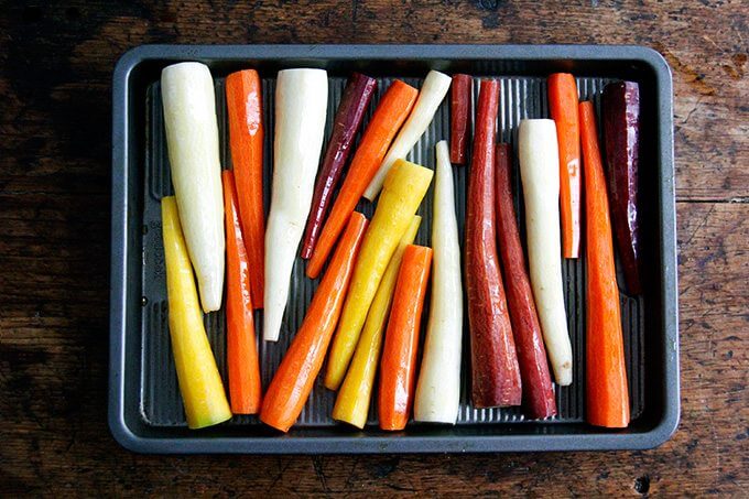 Peeled carrots rubbed with olive oil.