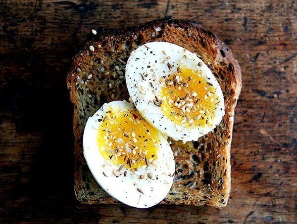 Instant Pot soft-boiled eggs on homemade quinoa-flax bread