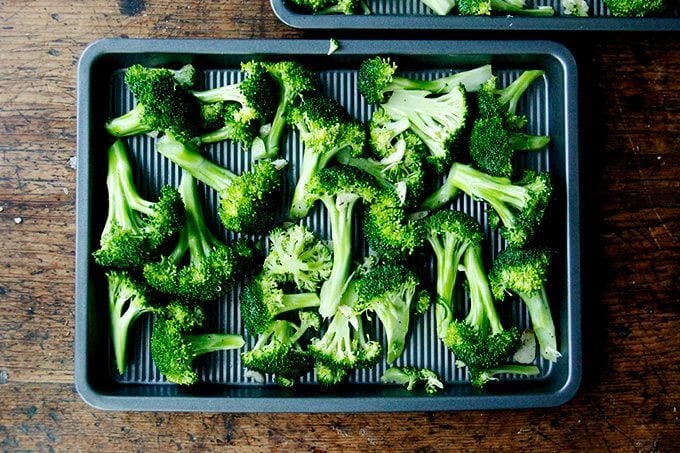 A sheet pan of broccoli. 