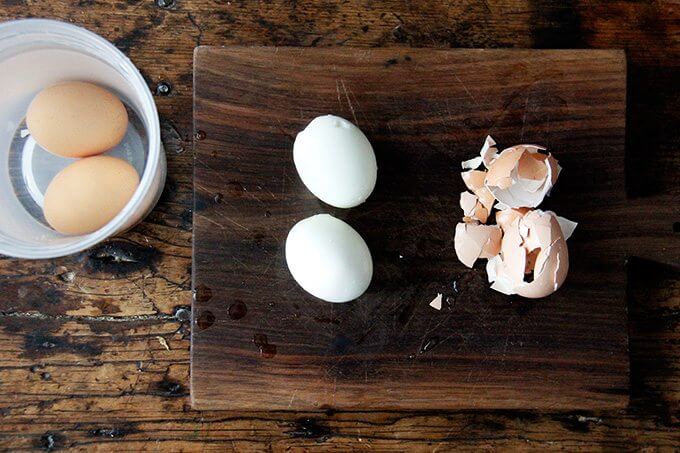 Two instant post soft-boiled eggs, freshly peeled. 