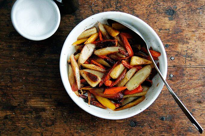 Roasted carrots seasoned with salt and pepper. 