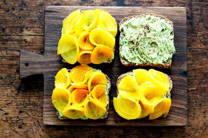 Toasts topped with beet "roses". 