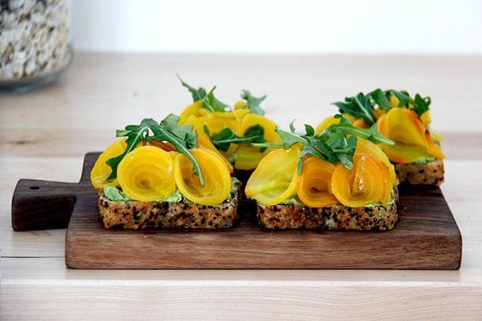 A board with beet tartines. 