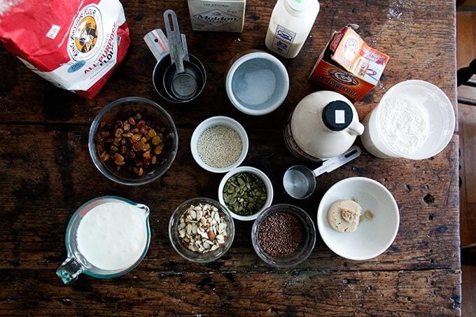 Ingredients for three-seed crackers on a table. 