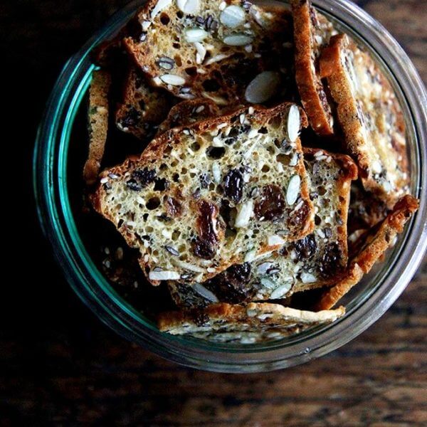 A jar of three-seed crackers.