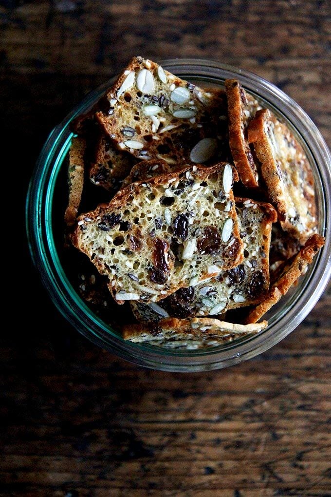 A jar of just-baked three seed crackers. 