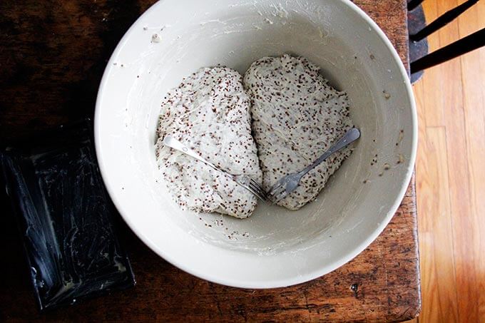 Quinoa-flax dough divided into 2 portions. 