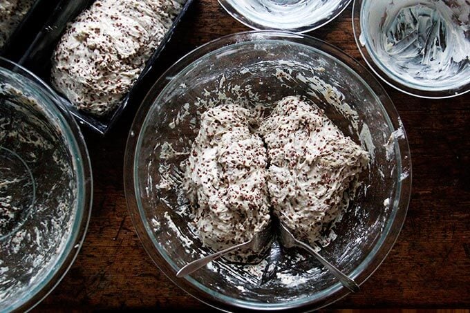 a bowl of quinoa-flax dough divided into two portions