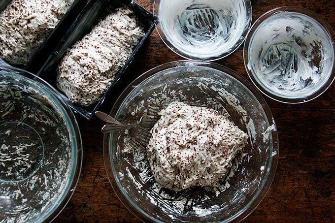 quinoa-flax dough in pyrex bowls