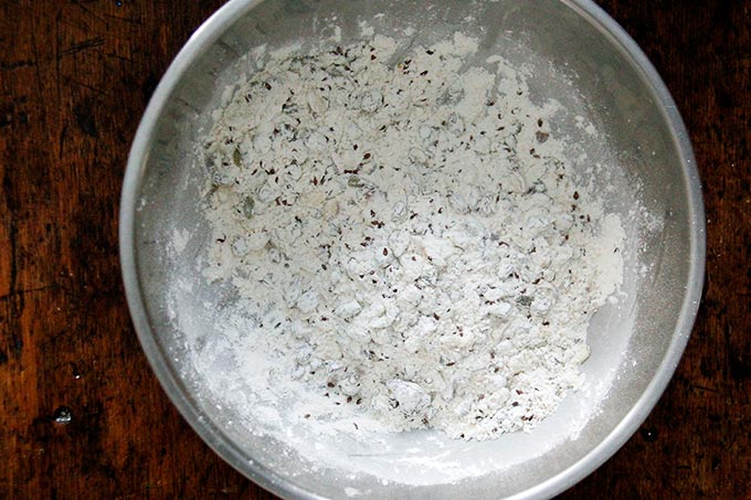 Dry ingredients for three seed crackers all tossed together. 