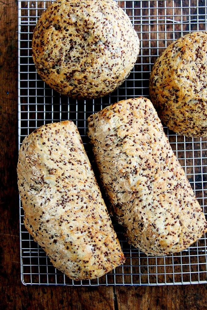 just-baked quinoa-flax bread cooling on cooling racks