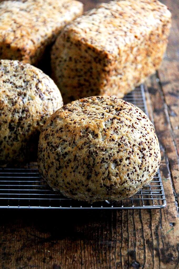 four loaves of quinoa-flax toasting bread