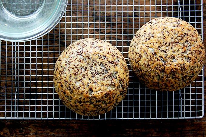 just-baked quinoa-flax bread cooling on cooling rack